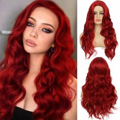 PRICES MAY VARY. Quality: The long curly red wigs are all made of heat-resistant synthetic fibers, with a natural look and soft touch, perfect for long-term use. Natural Looking : Red color, looks real, nature, very pretty, bring you more beautiful and sexy. Average Wig Cap : Our wig has an adjustable and breathable rose net which allows superior ventilation for maximum scalp cooling, you can adjust the hook inside the cap to the correct size to suit your head. Occasions : Great for theme party, Straight Red Wig, Long Red Wig, Warm Red Hair, Trim Bangs, Red Orange Hair, Red Hair Looks, Wig Middle Part, Red Wig, Streetwear Chic