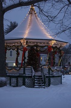 a gazebo with christmas lights and decorations on it in the middle of winter time