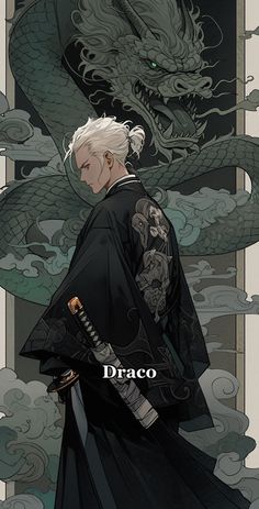 a man with white hair standing in front of a dragon