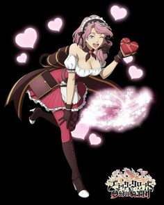 an anime character with pink hair holding a heart shaped object in her hand and wearing a dress