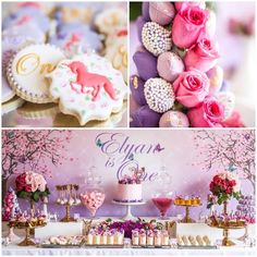 a collage of pictures with cakes, cookies and desserts on display at a princess themed birthday party