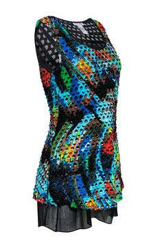 Go bright and bold with this statement tunic-style tank from Alberto Makali! Made with a soft and silky material, this cutout beauty is a chic layering top to wear to the office or on the weekend. Perfect for under blazers or denim jackets. Size M 100% Polyester Scoop neckline Cutout overlay Sheer bottom hem design Waist 30” Total length 36” Multicolor Sleeveless Sequined Top, Multicolor Sequined Sleeveless Top, Multicolor Party Tank Top, Spring Multicolor Stretch Tank Top, Chic Fitted Multicolor Tank Top, Fitted Chic Multicolor Tank Top, Stretch Tank Blouse For Party, Multicolor Sleeveless Party Blouse, Chic Multicolor Sleeveless Blouse Tank Top