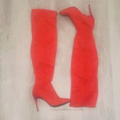 This Beautiful Orange/Red Color Thigh High Boot Will Add A Pop Of Color To Any Outfit. I Did Not Get A Chance To Wear The Boot As It Fits A Bit Big On Me (Im A True 36 And This Is 37). A Great Fun Addition To Your Closet At A Super Discounted Price Trendy Red Knee-high Boots For Party, Trendy Red Knee-high Party Boots, Red High Heel Boots For Club, Red Knee-high Boots For Winter Party, Fitted Boots With Red Sole For Night Out, Party Heeled Boots With Red Sole, Party Fitted Heeled Boots With Red Sole, Trendy Red Heeled Boots For Night Out, Fitted Bold Winter Boots