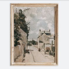 an oil painting of a street scene with houses