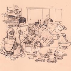 a drawing of some people making food in a kitchen