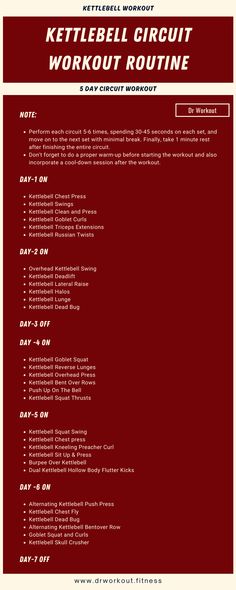 the kettlebell circuit workout routine is shown in red and white, with instructions on how to