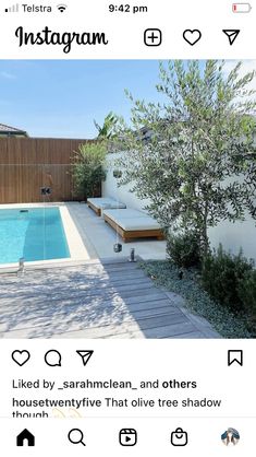 an instagram page with a pool and wooden decking