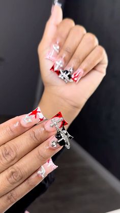 Birthday Junk Nails, Red Freestyle Nails, Red Junk Nails, Red Duck Nails, Junk Nails, Acrylic Nail Set, Hard Nails, Duck Nails