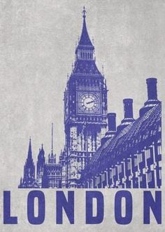 the big ben clock tower towering over the city of london in blue and white ink