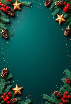 a christmas background with pine cones, holly and gold stars on a dark green background