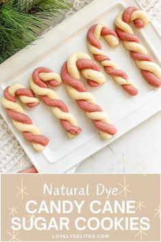 homemade candy cane sugar cookies on a white plate with pine branches in the background and text overlay that reads natural dye candy cane sugar cookies