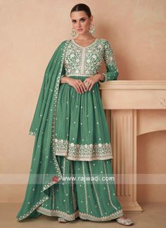 Sea Green Kurta Palazzo Set With Thread Embroidery... Red Gharara, Blue Sharara