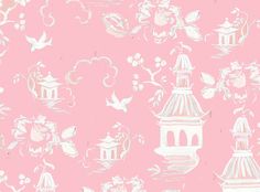 a pink wallpaper with white flowers and pagodas