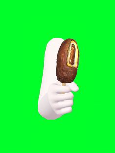 a hand in white gloves holding an ice cream covered donut on a green screen