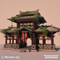 a model of a chinese building with trees growing on it's roof and pillars