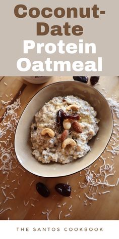 a bowl of oatmeal with nuts and raisins on the side