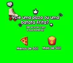 a green screen with different types of food and words that say, vee um pizza ou una battata frita?