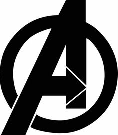 the avengers logo in black and white with an arrow pointing to it's right