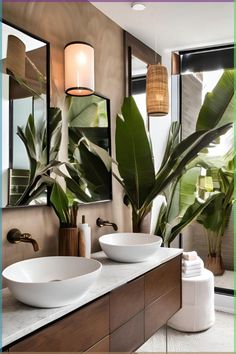 a bathroom with two sinks and large plants in the mirror above them, along with mirrors on the wall