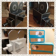 four different pictures of cardboard boxes and some sort of object that looks like an old record player