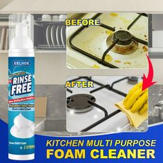 the kitchen multi purpose foam cleaner is being used to clean dishes and stove top burners