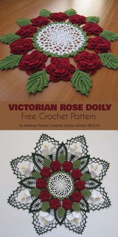 crocheted doily with red flowers and green leaves on the bottom, and white petals