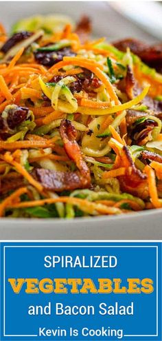 spiralized vegetables and bacon salad served in a white bowl with blue text overlay