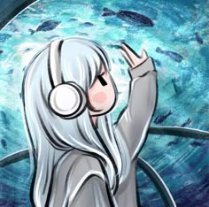 a drawing of a girl with long white hair wearing headphones