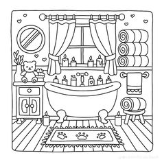 a bathroom with a bathtub and teddy bear on the floor coloring pages for kids