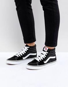 Vans Sk8-Hi Black And White Trainers  £60.00  Free Delivery & Returns*  COLOUR: Black Estilo Vans, Vans Sk8 Hi Black, Vans Sk8 Mid, Urban Fashion Girls, Urban Apparel, Black And White Trainers, Tenis Vans, Urban Style Outfits