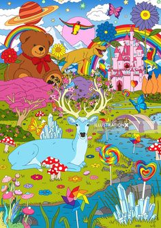 an image of a cartoon scene with bears and deers in the forest, flowers, trees, rainbows