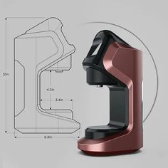 an image of a coffee maker with measurements for the parts on it's side