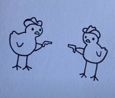 two chickens are pointing at each other