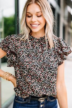 On My Heart Black Ditsy Floral Blouse – Shop The Mint Boutique Blouses, Ditsy Floral Blouse, Cute Blouses For Women, Floral Cocktail Dress, Blue Floral Blouse, Black Tie Dress, Long Sleeve Outerwear, Mint Julep Boutique, Orange Blouse