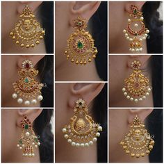 Kempu Haram Designs, Traditional Jewelry Earrings, Old Model Ear Rings Gold, New Model Earrings Gold, Earing Designs Gold For Wedding, Gold Jewels Design Earrings, Gold Bridal Earrings Indian, Jewelry Patterns Gold Necklace, Chandbali Earrings Gold Antiques