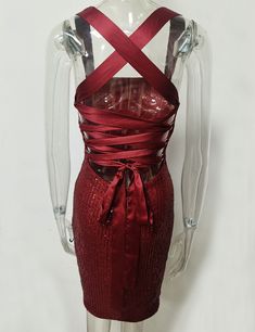 Burgundy Halter Neck Slim Fit Sequined Dress Sleeveless Tie Back Bodycon Dress For Party, Sleeveless Bodycon Dress With Tie Back For Party, Sleeveless Tie Back Mini Dress For Party Season, Backless Bandage Party Dress, Party Sheath Bandage Dresses, Red Tie Back Midi Dress For Party, Party Bandage Sheath Dresses, Red Tie-back Midi Dress For Party, Party Bandage Backless Dress