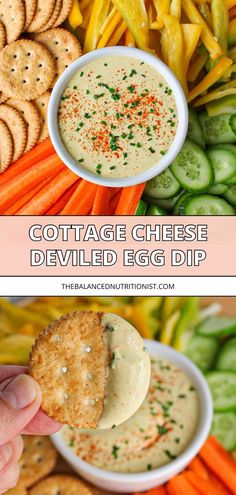 two pictures showing different types of dips and crackers with the text cottage cheese deviled egg dip