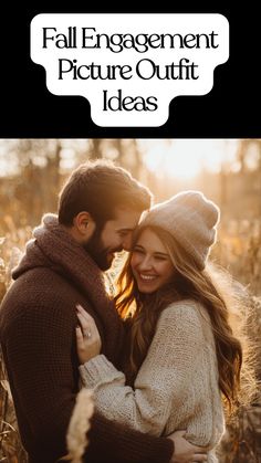 Couple wearing cozy fall outfits with warm layers and earthy tones during an outdoor engagement photo shoot. Engagement Picture Outfit Ideas, Fall Engagement Pictures Outfit, Winter Couple Pictures, Winter Engagement Photos Outfits, Fall Engagement Outfits, Picture Outfit Ideas, Fall Photo Shoot, Fall Engagement Shoots, Winter Engagement Pictures