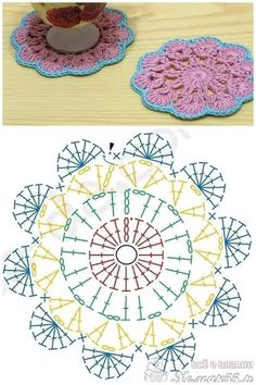 crocheted coasters with different designs and colors