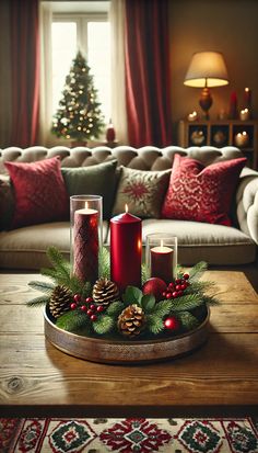 a living room filled with furniture and christmas decorations on top of a wooden coffee table