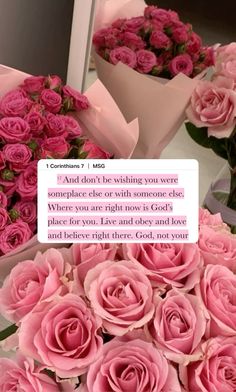 pink roses are arranged in white vases with the words, god's love