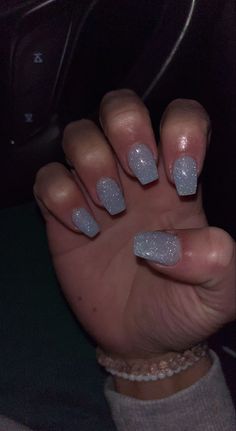 Solid Glitter Acrylic Nails, Nails To Go With Black Hoco Dress, Hoco Nail Ideas Sparkly, Blue Sparkle Tip Nails, Light Blue Nails For Hoco, Acrylic Nail Designs Silver Glitter, Easy Homecoming Nails, Homecoming Nails Blue Dress, Cute Simple Hoco Nails