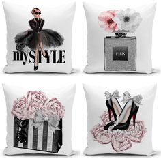 four pillows with different designs on them, each featuring a woman's shoe and purse