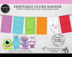 printable door banner with monsters in front of them and the words printable doors