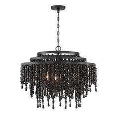 a black chandelier with beads hanging from it's center and two lights on each side