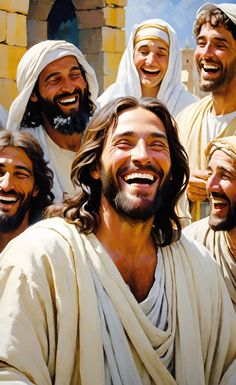 a painting of jesus smiling and surrounded by other men