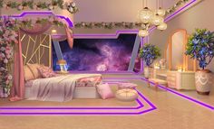 a bedroom decorated in pink, purple and white with flowers on the bed area is lit up by colorful lights