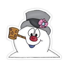 a snowman with a hat and a sticker on it's face is holding a piece of cheese