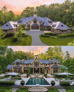 two pictures of a large house with a pool in the middle