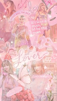 the collage is made up of many different pictures and words, including pink flowers